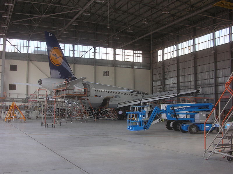 Lufthansa airbus in a hangar